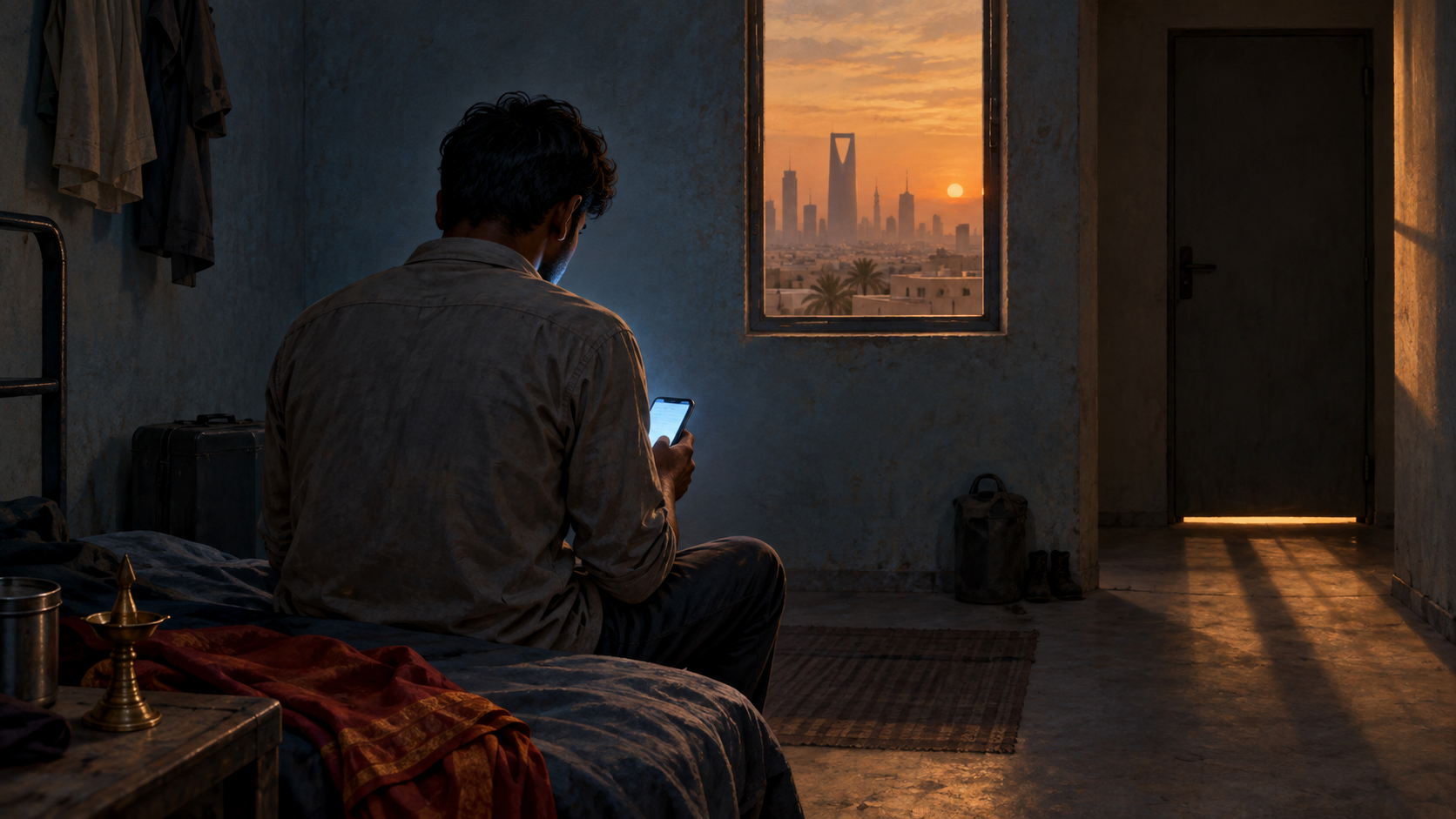 Editorial illustration of an anonymous young South Asian migrant worker holding a glowing phone in a dim room overlooking a desert city at dusk.