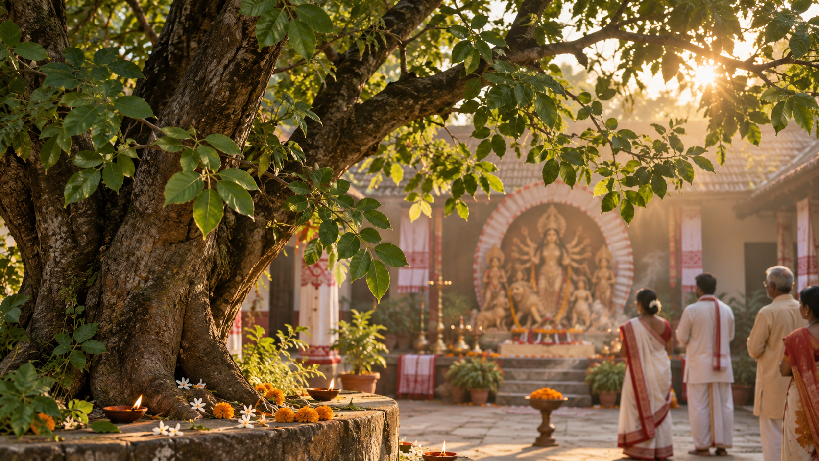 A mature Bilva tree stands before a traditional Durga Puja shrine in a Bengali courtyard at dawn.