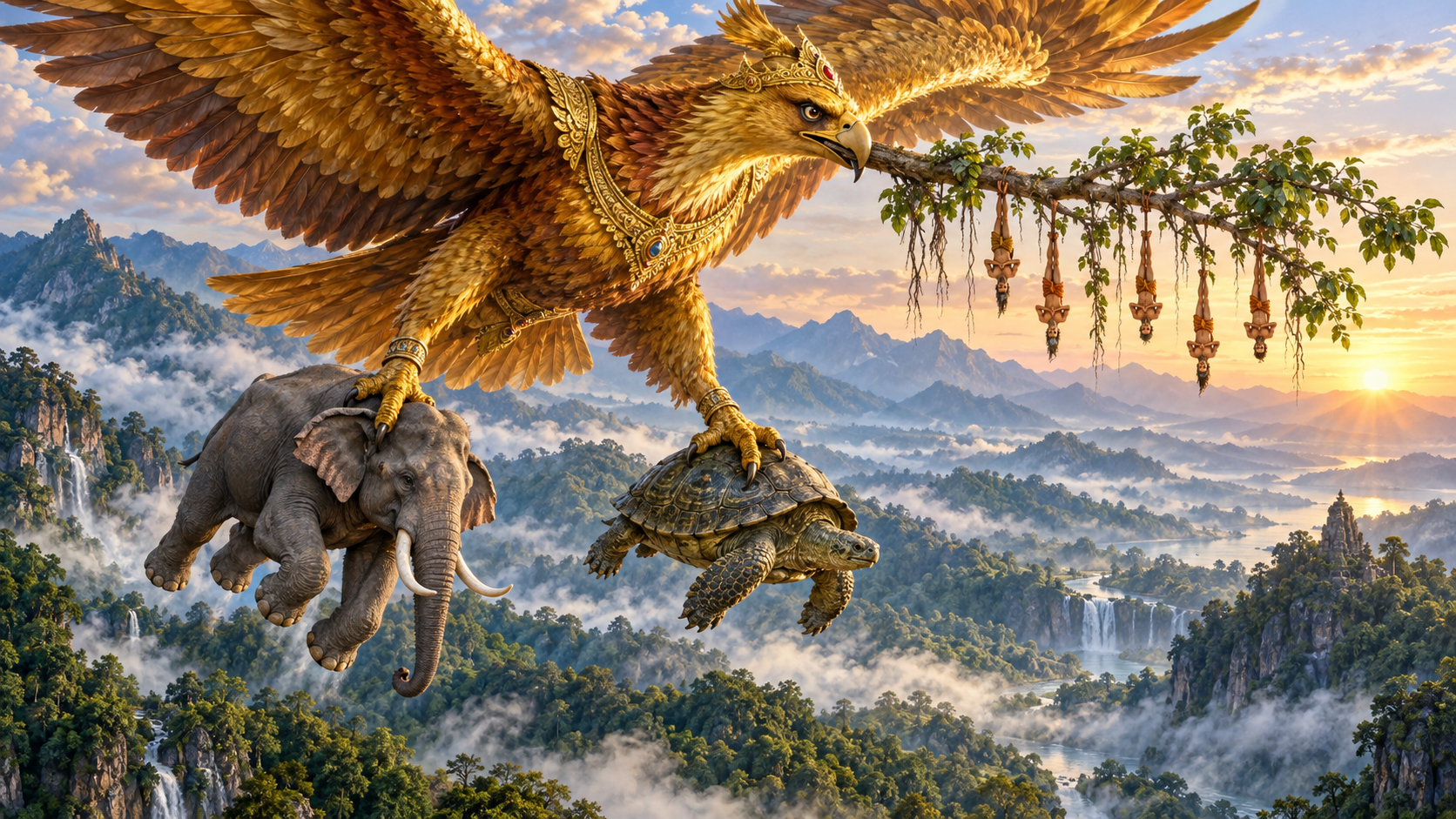 Garuda carries an elephant and a giant tortoise in his talons while carefully holding a broken banyan branch bearing the small Valakhilya ascetics.