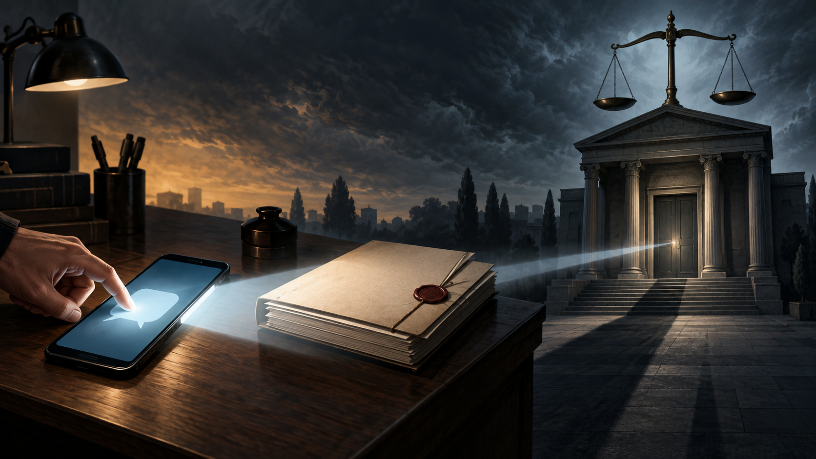 Conceptual illustration of a smartphone reply leading across an official case file to a closed courthouse door and scales of justice.