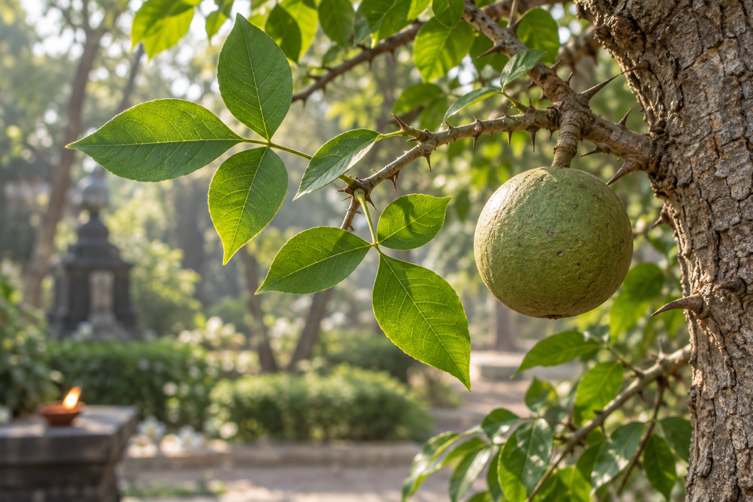 A living Bilva branch with trifoliate leaves, small thorns, textured bark, and a round green bael fruit.