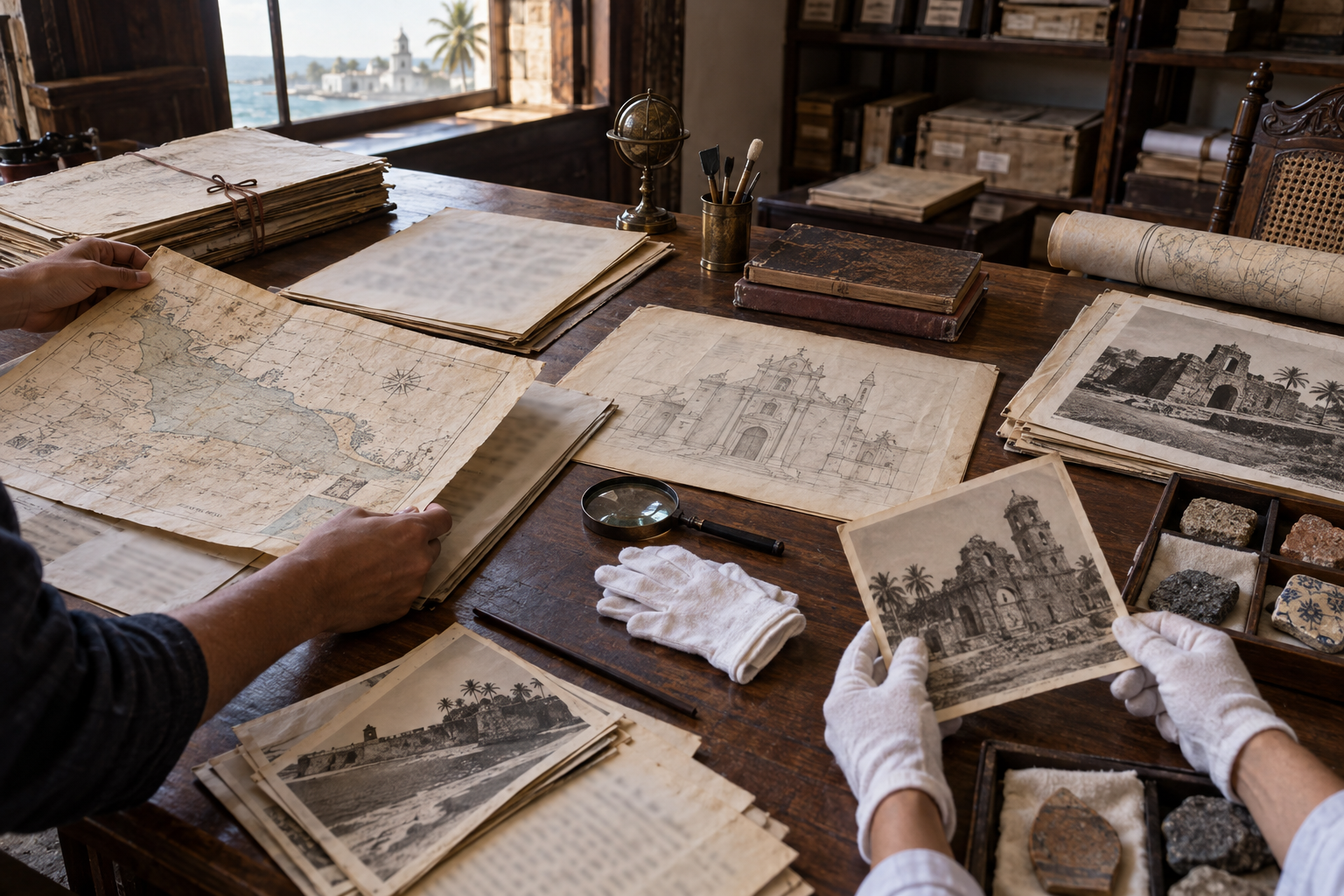 Researchers compare archival photographs, maps, sketches, and stone samples on a wooden table.