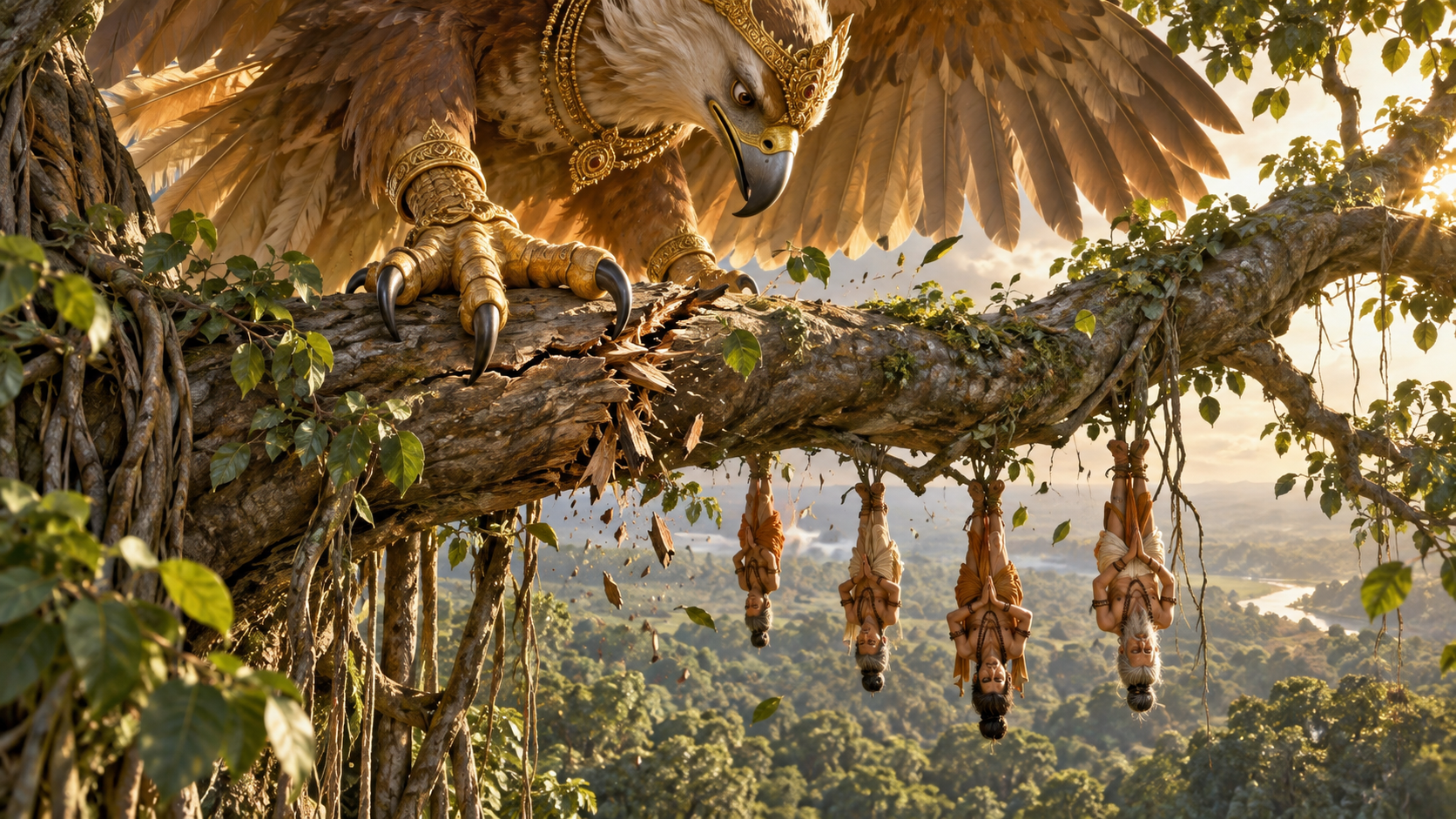 Garuda stops as a banyan branch cracks beneath his weight and notices the small ascetics hanging from its twigs.