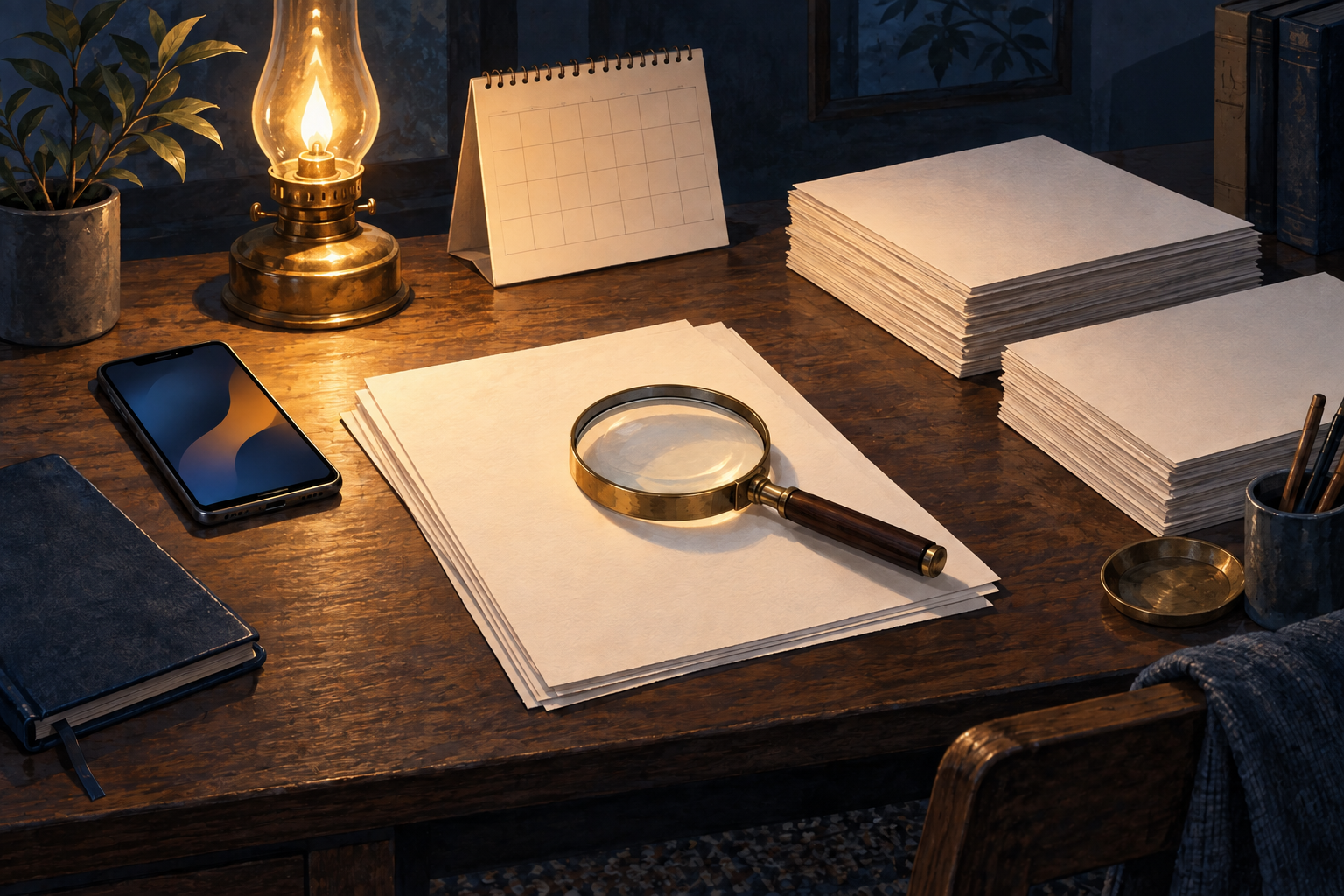 Overhead editorial illustration of a magnifying glass, blank documents, a phone, a calendar, and an oil lamp arranged for careful fact-checking.
