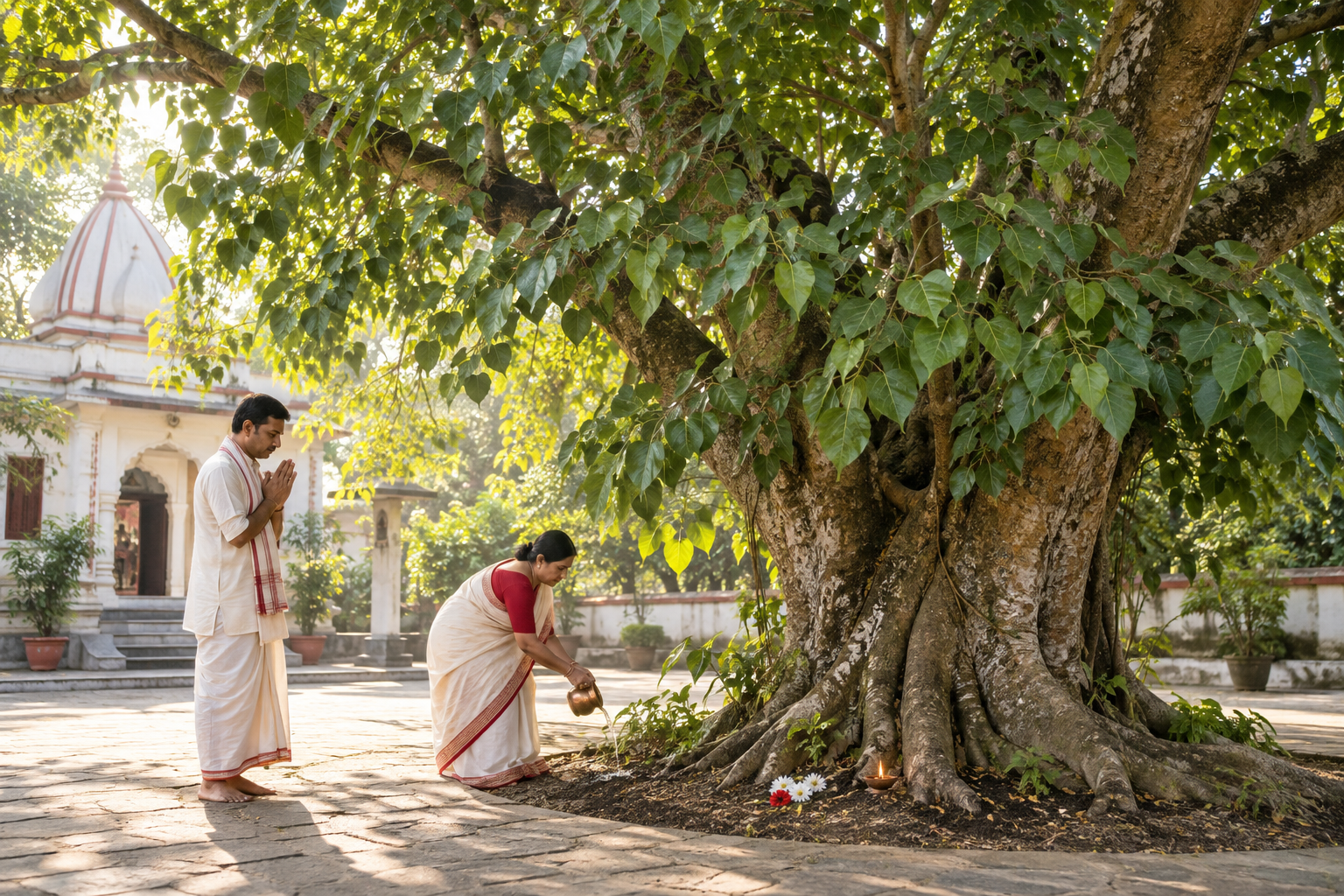 Two devotees respectfully honour a healthy Bilva tree by its roots without damaging or stripping its branches.