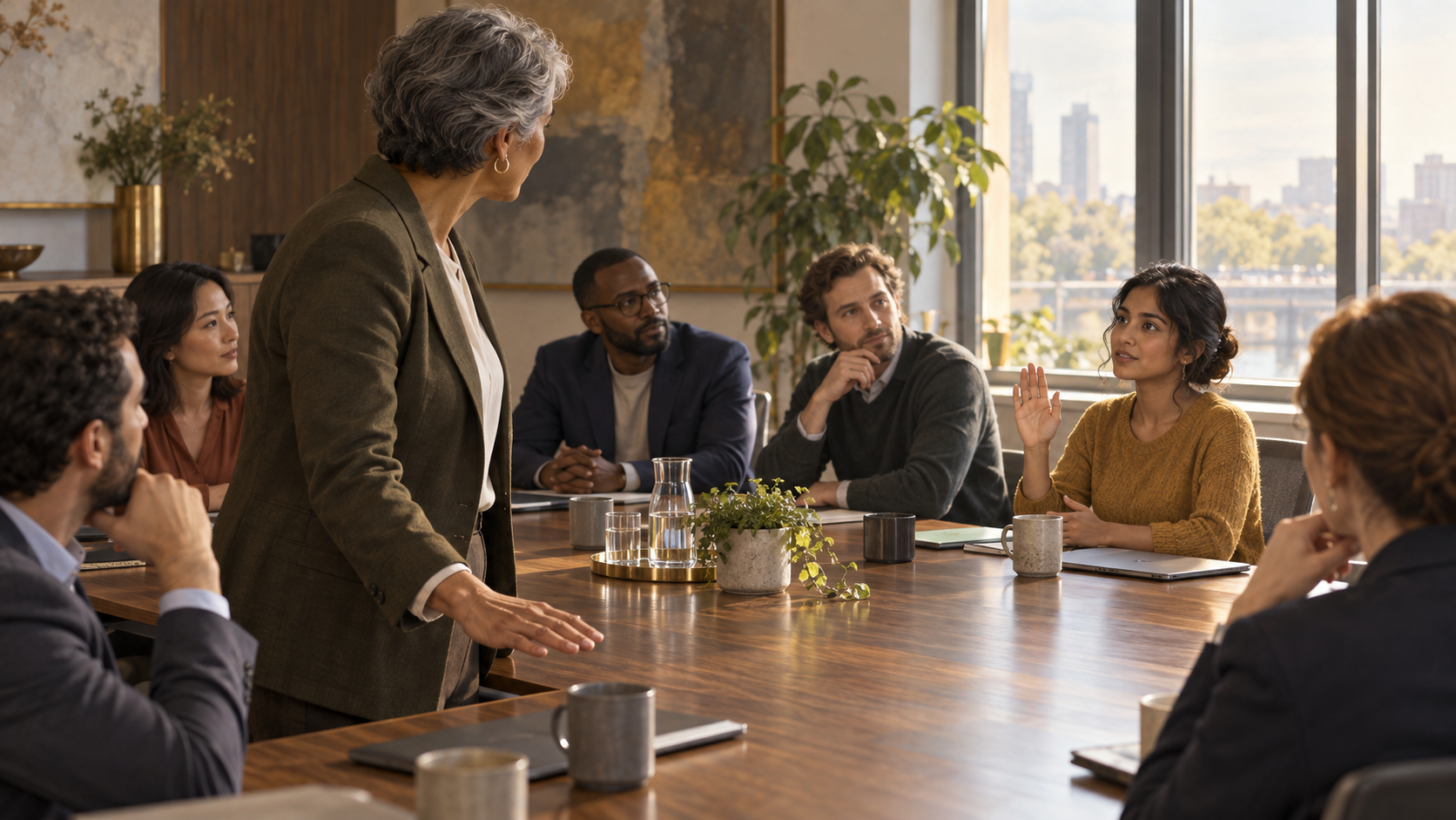 A senior person at a meeting pauses and turns to listen to a quieter junior colleague with a raised hand.