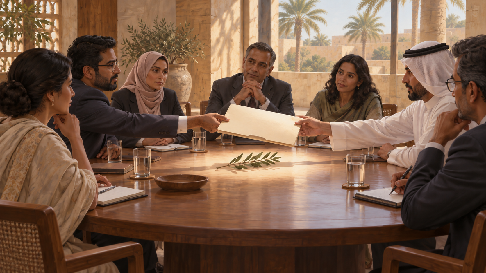 Editorial illustration of anonymous South Asian and Arab representatives discussing an unmarked case folder and an olive branch at a round table.