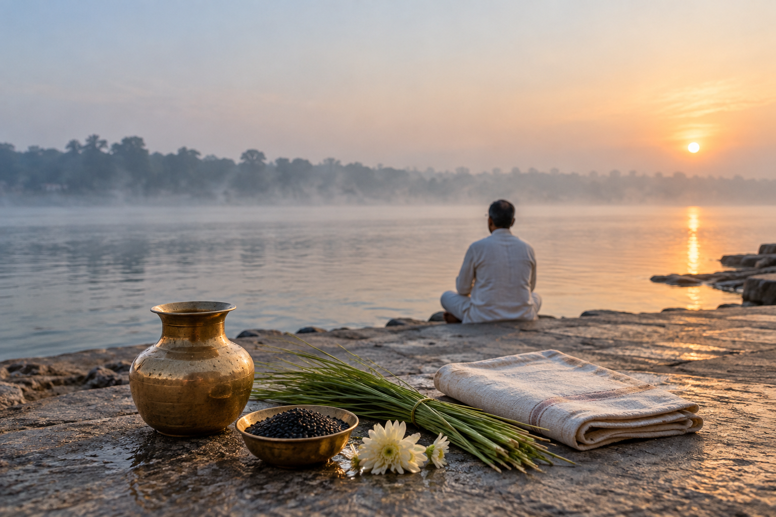 Brass vessel, black sesame seeds, darbha grass, flowers, and folded cloth beside a devotee seated at a calm river after sunrise.