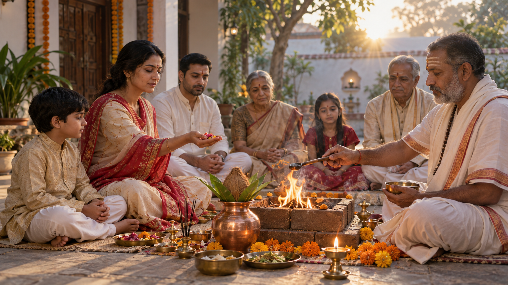 A family and priest sit around a small Navratri havan fire as a devotee holds flowers and rice for a sankalpa.