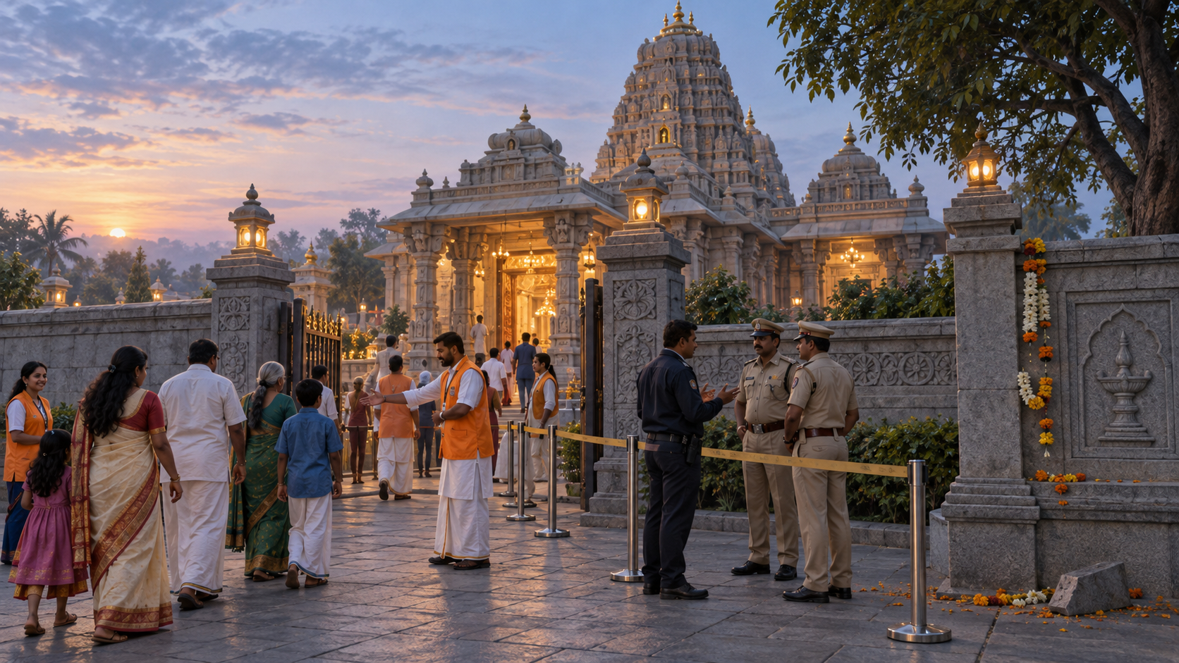Temple volunteers guide worshippers safely while police examine minor damage near the boundary of a Hindu temple at dawn.