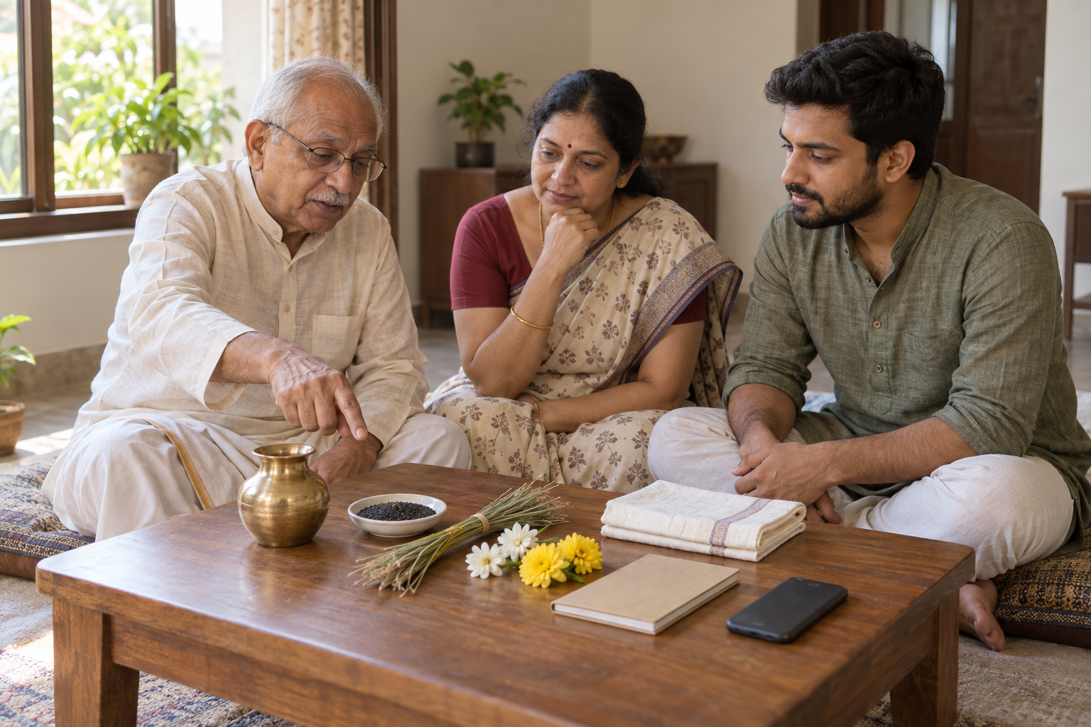 Three adults consult an elder beside a low table holding a brass vessel, sesame seeds, darbha grass, flowers, and folded cloth.