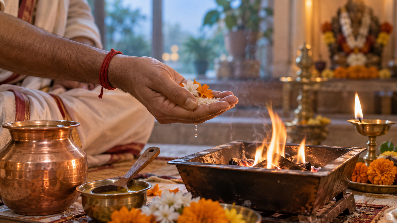 A devotee holds rice, a flower, and water in an open palm beside a havan fire and copper ritual vessels.