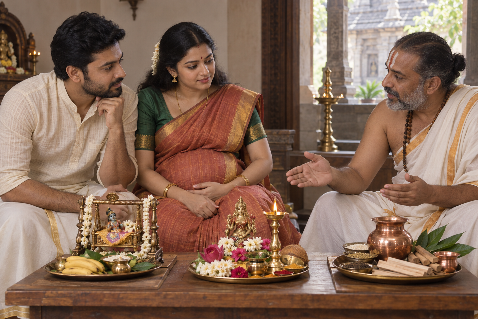 An expectant couple consults a Hindu priest beside several arrangements of ritual objects representing different forms of worship.