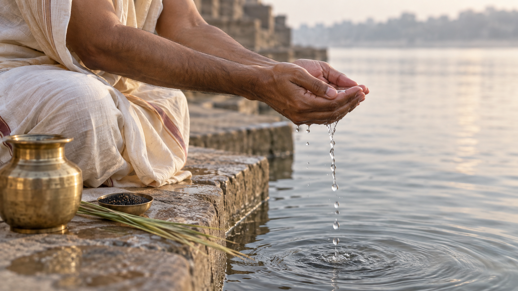 Water flows from a devotee's cupped hands beside a brass vessel, black sesame seeds, and darbha grass at a river step.