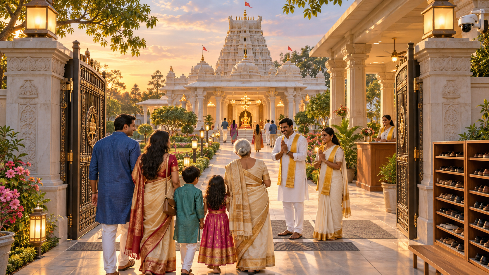 A welcoming temple entrance combines clear sightlines, lighting, a staffed reception area, gates, and a discreet security camera.