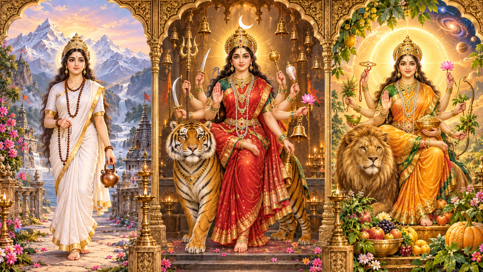 A three-part devotional illustration shows Brahmacharini with prayer beads and a water pot, Chandraghanta with a tiger and bell-shaped crescent, and Kushmanda with a lion amid radiant light.