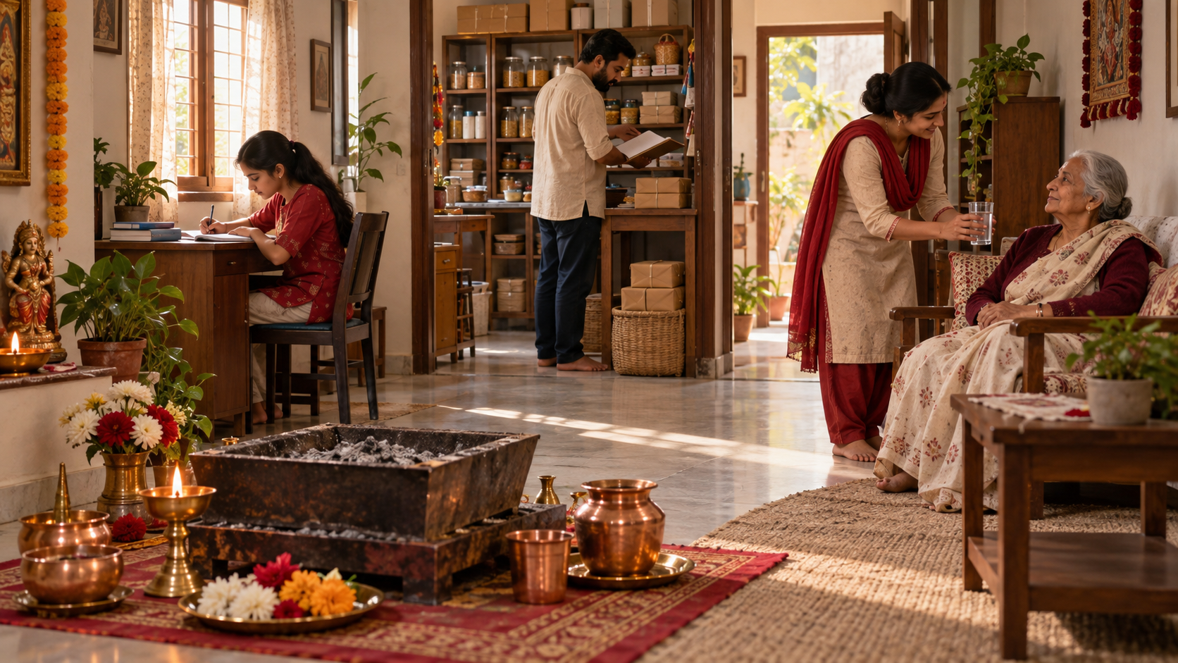 A cooled havan altar sits in the foreground while family members study, manage a small shop, and care for an older relative.