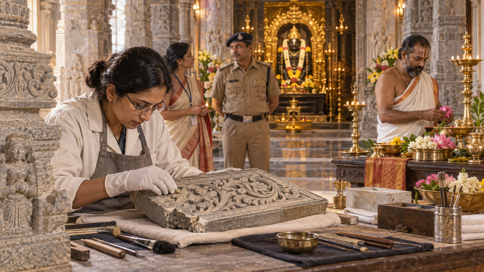 A conservator, priest, community coordinator, and official work in an intact temple during physical repair and sacred restoration.