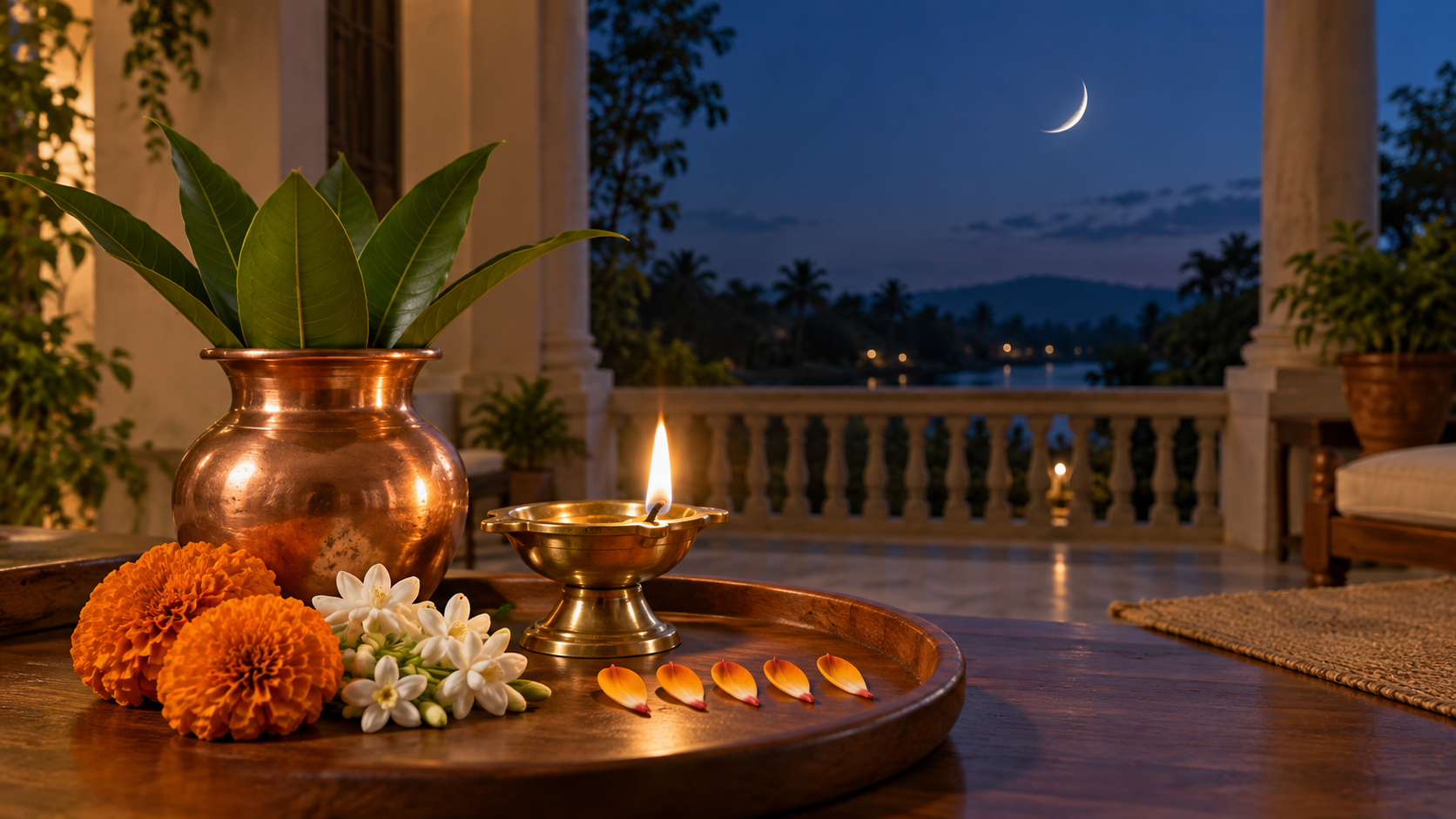 A glowing brass diya, copper kalash, jasmine and marigold flowers, and five arranged petals beneath a waxing crescent moon.