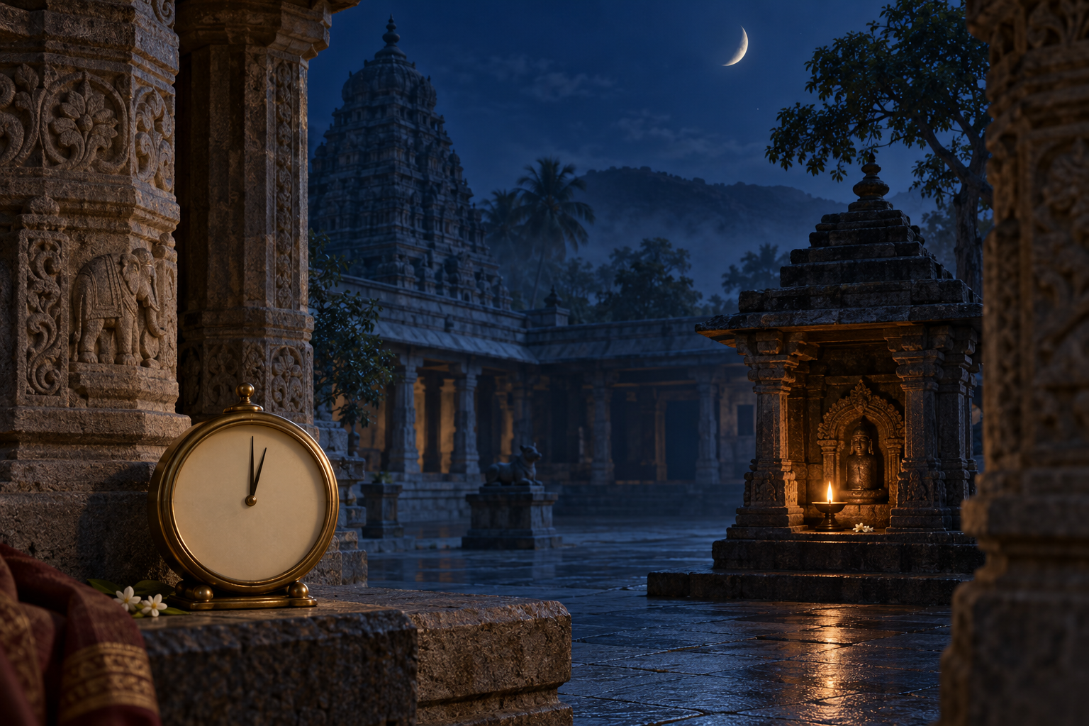 A moonlit temple courtyard with a burning oil lamp and an unmarked brass timepiece showing a moment just after midnight.