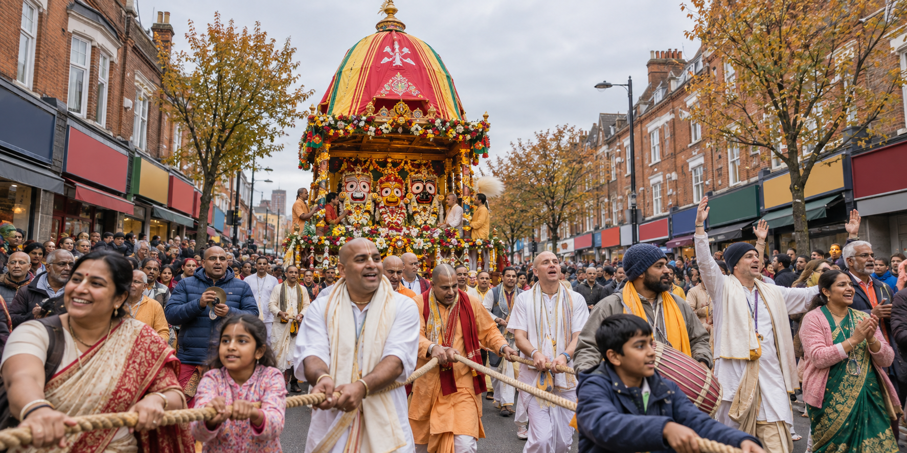 A decorated chariot carrying the forms of Jagannatha, Baladeva and Subhadra moves through an Ilford high street amid a large crowd of devotees.