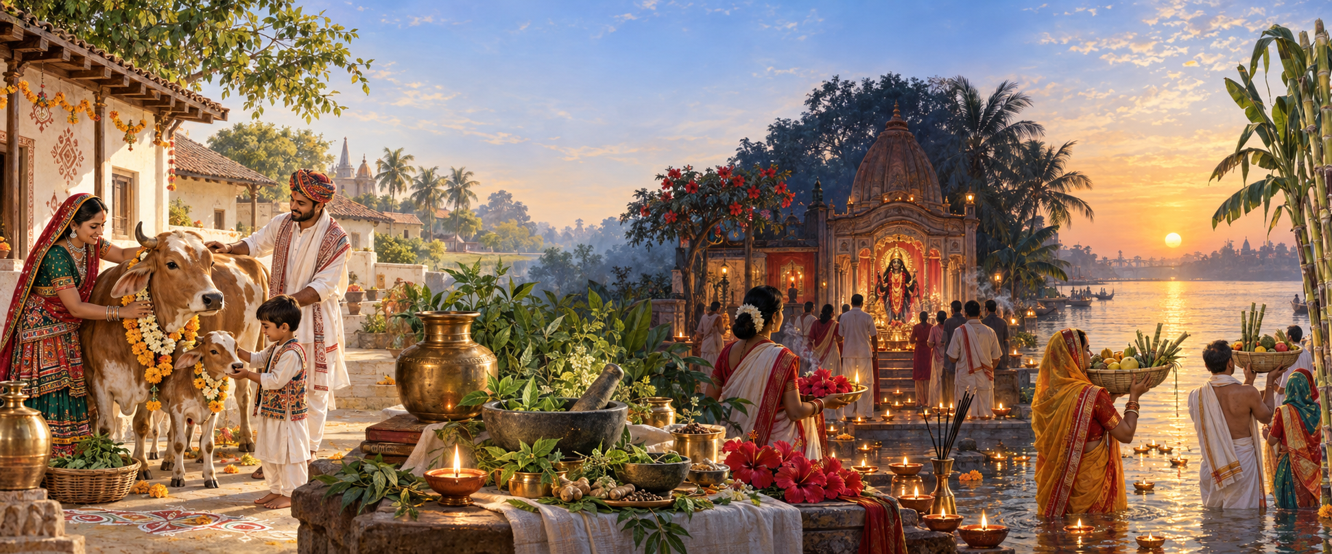 Panoramic illustration of a garlanded cow and calf in Gujarat, Ayurvedic ritual objects, a lamp-lit Shyama Puja setting in Bengal, and families making river offerings to the sun.