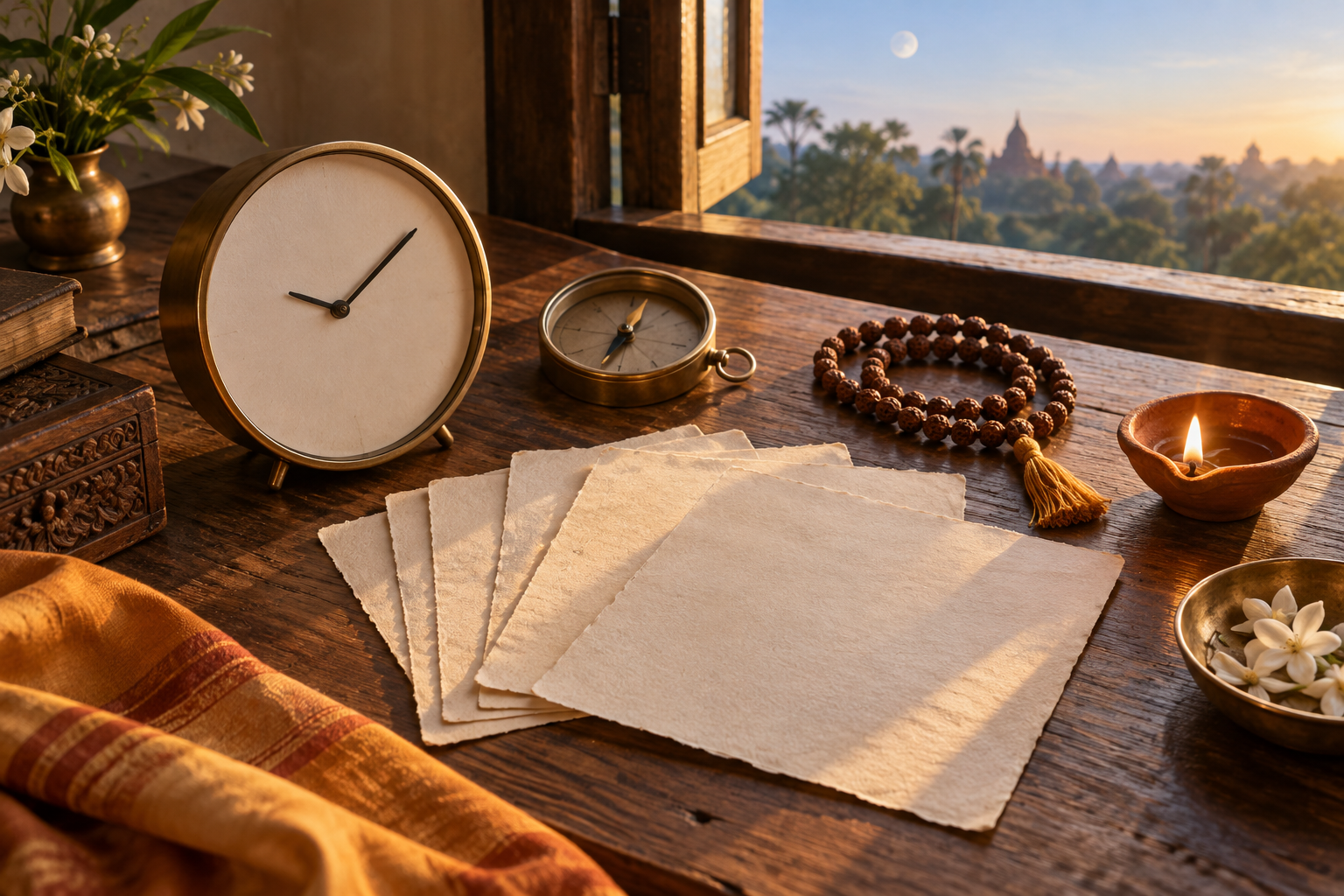 An unmarked timepiece, brass compass, prayer beads, diya, and layered blank cards rest on a desk in the light of dawn.