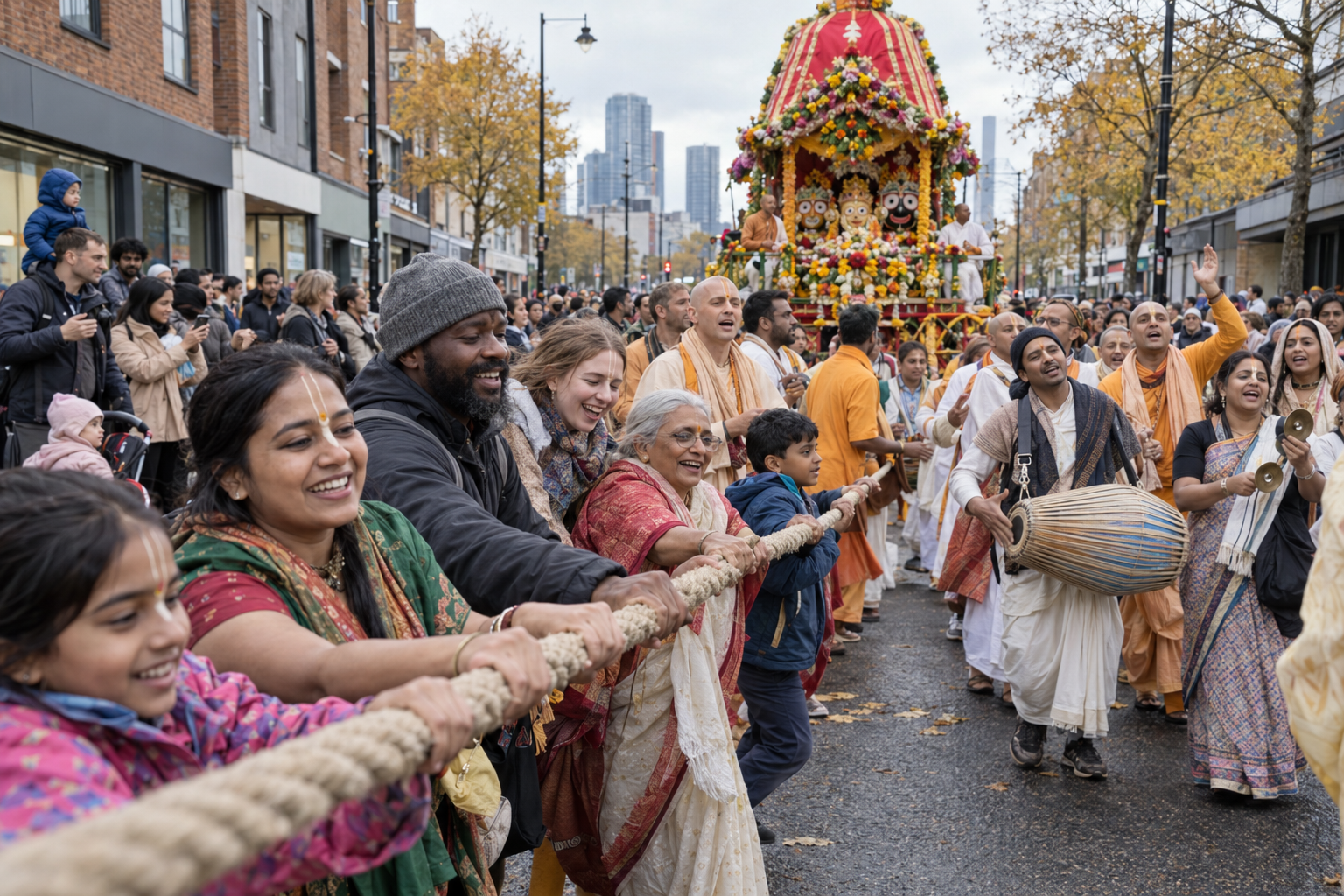 People of different ages pull a ceremonial rope together as musicians and devotees accompany a Ratha Yatra chariot along an urban street.