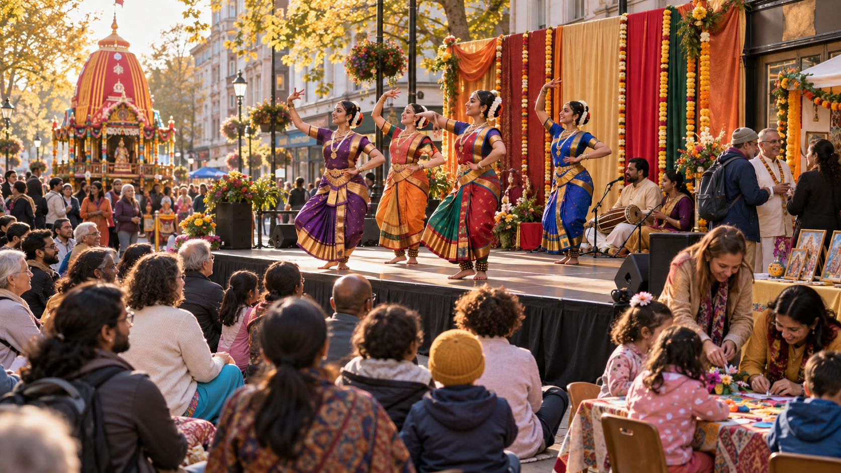 Classical dancers perform for families while children, musicians and volunteers take part in devotional activities in a high-street gathering area.