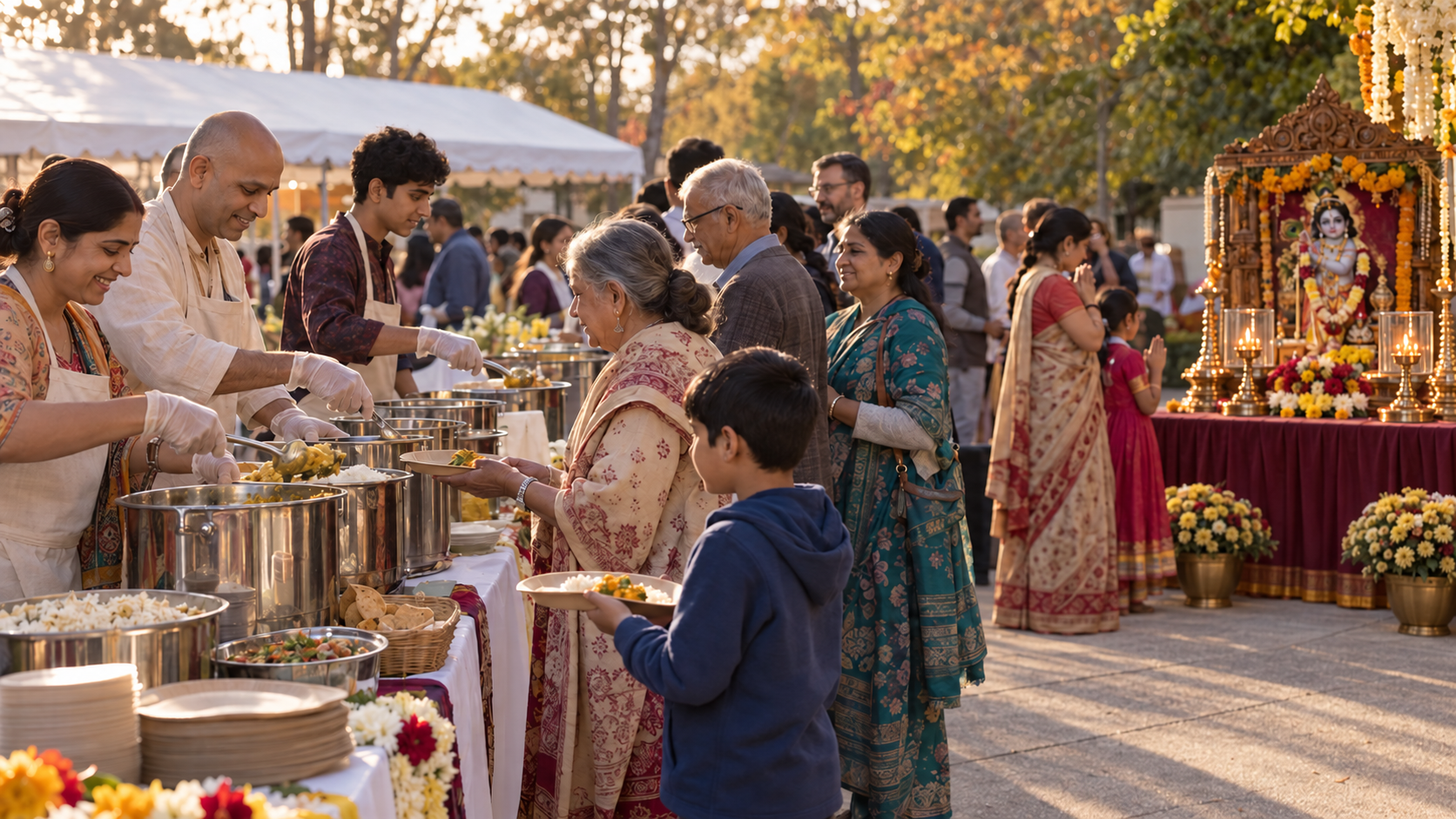 Volunteers serve vegetarian prasadam while a nearby group gathers with flowers and lamps for Damodar Puja.