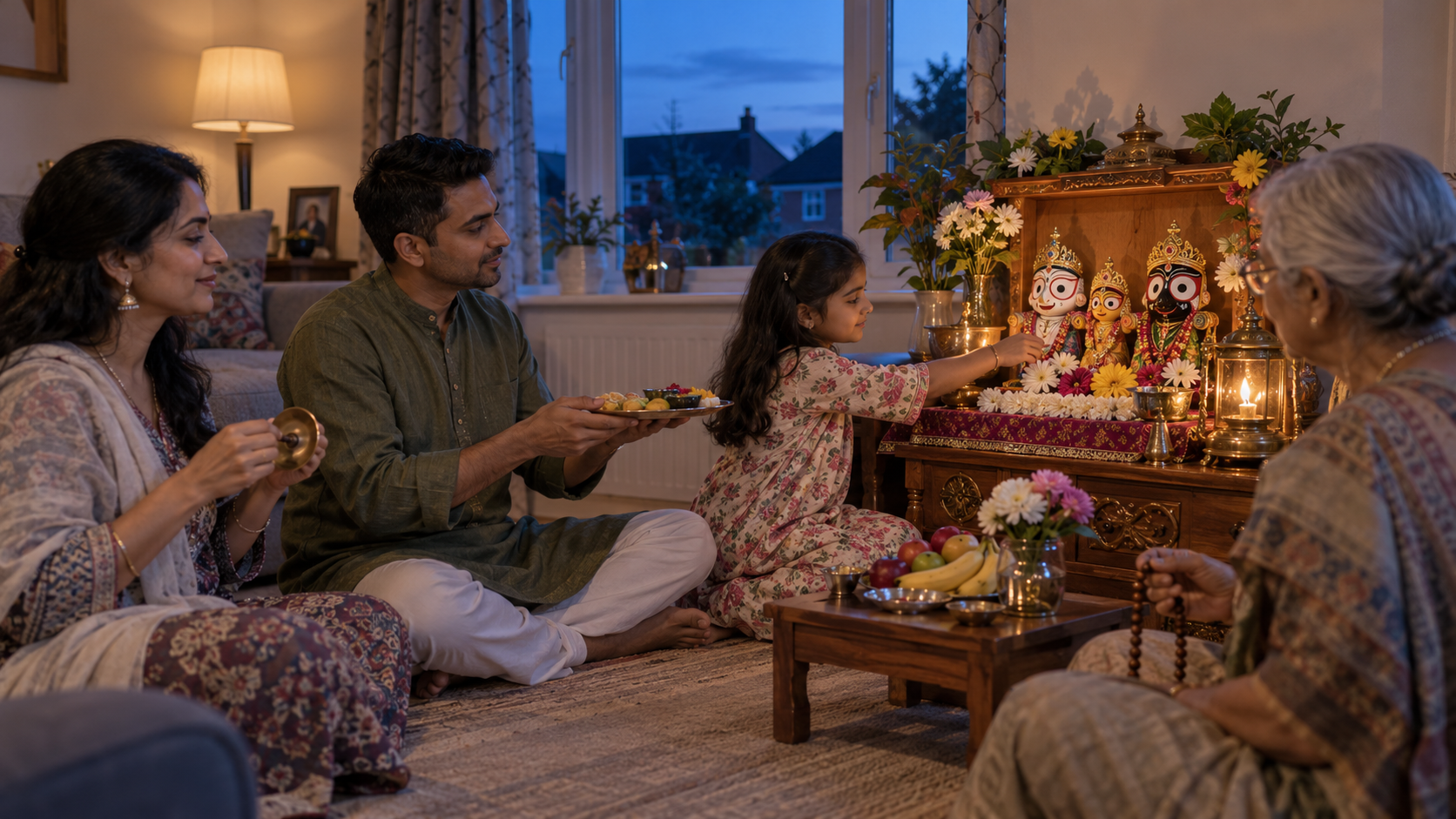 A multigenerational family continues devotional practice at home with prayer, music, flowers and a small offering before an altar.