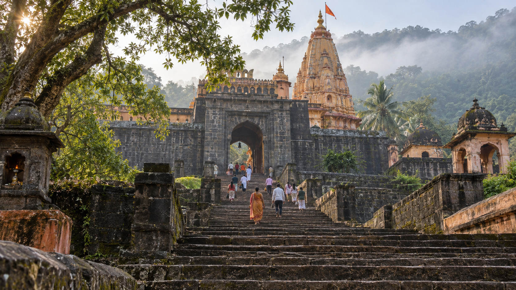 Pilgrims ascend the stone approach to the historic Vajreshwari Devi temple amid the green landscape of Maharashtra.