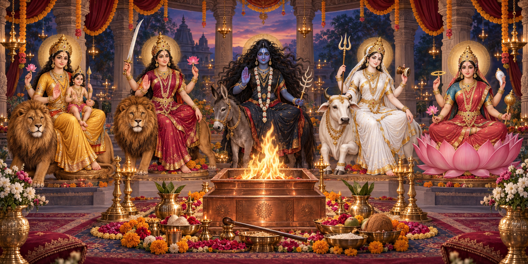 The five forms from Skandamata through Siddhidatri appear around a flower-decorated homa fire in a temple pavilion.
