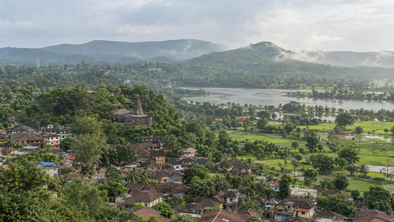 The Vajreshwari temple town sits among green hills, fields and river country in Maharashtra.