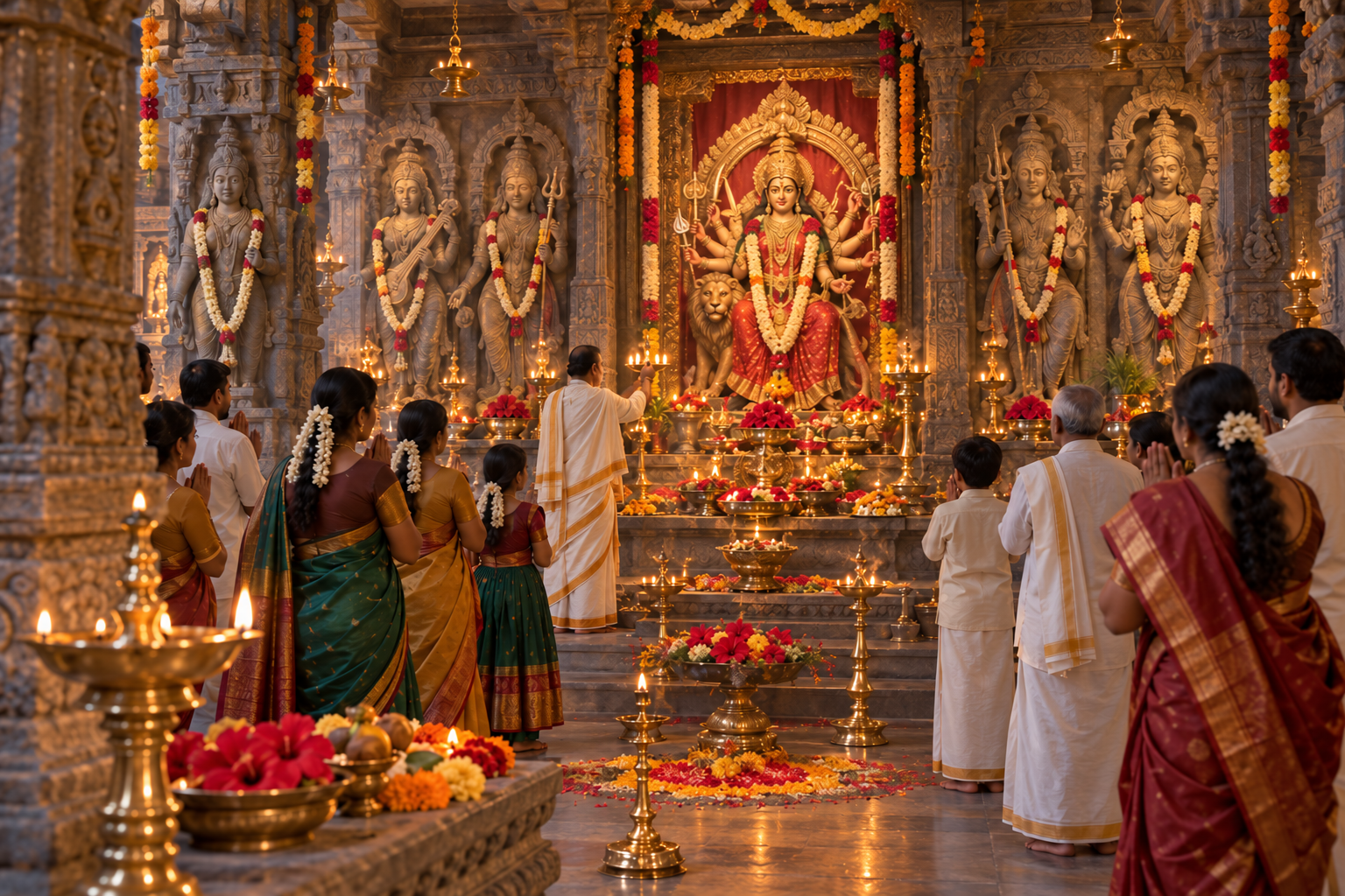 Devotees attend a Navratri observance before a lamp-lit temple shrine and an ensemble of carved mother-goddess figures decorated with flowers.