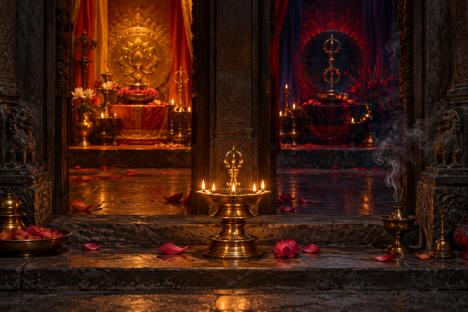A temple lamp stands between two distinct devotional spaces linked by lotus and vajra motifs.