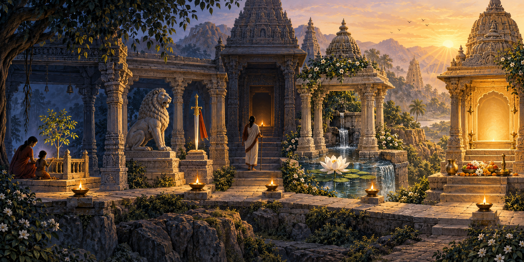 A path passes through five temple courtyards with symbols of care, courage, facing fear, purification, and dedication.