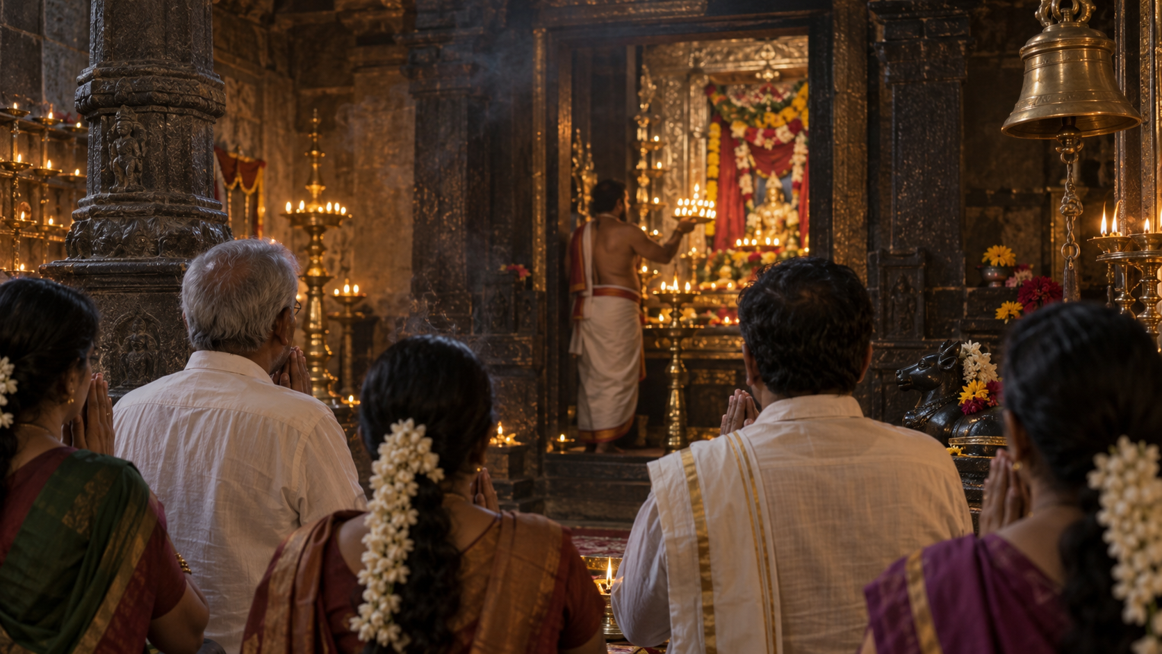 Devotees with folded hands attend a lamp offering before the garlanded shrine of the Devi.