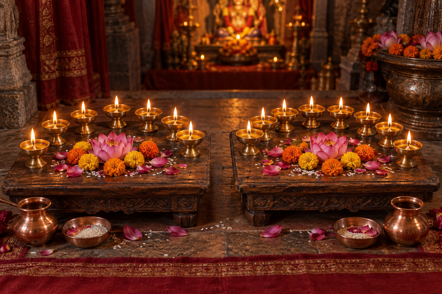 Two ritual platforms hold separate arrangements of seven and eight lit brass oil lamps beside flowers and copper vessels.