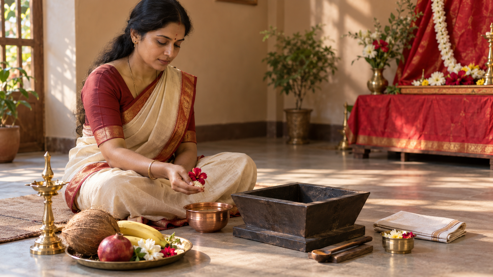 A devotee holds a flower and grains before a simple home shrine and an unlit homa kund.