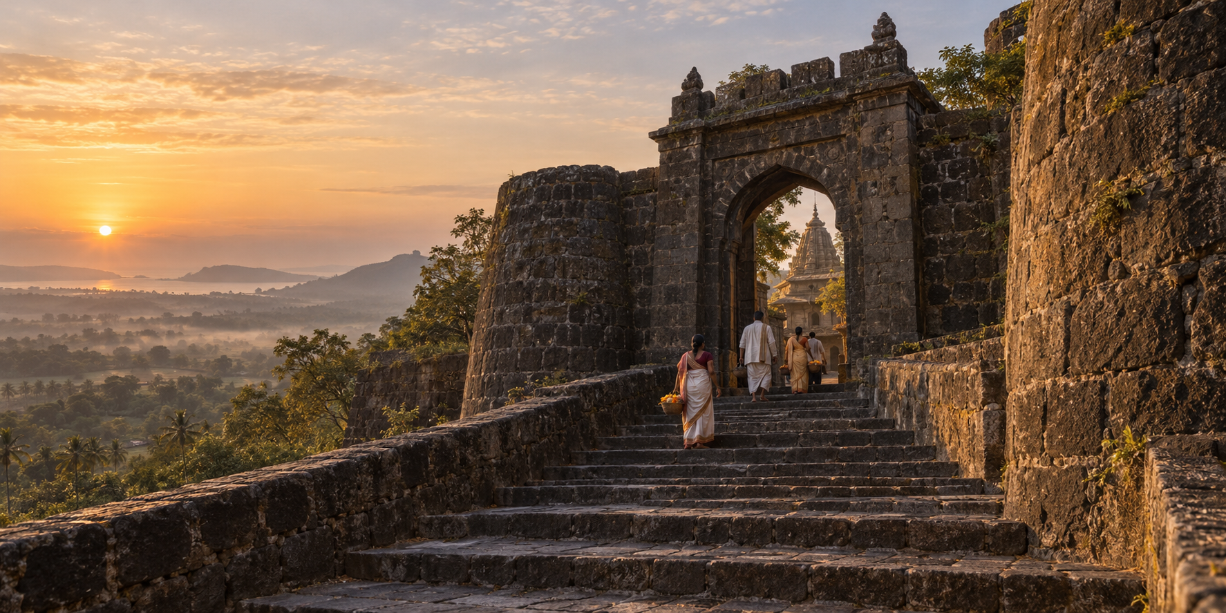 Pilgrims enter the fortified basalt gateway of Vajreshwari temple at sunrise.
