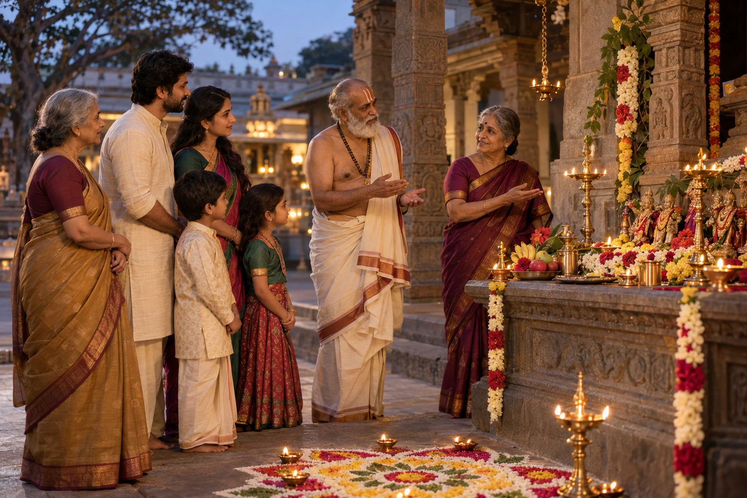 A temple priest and an older community member guide a family beside a flower-decorated Navratri altar in a temple courtyard.