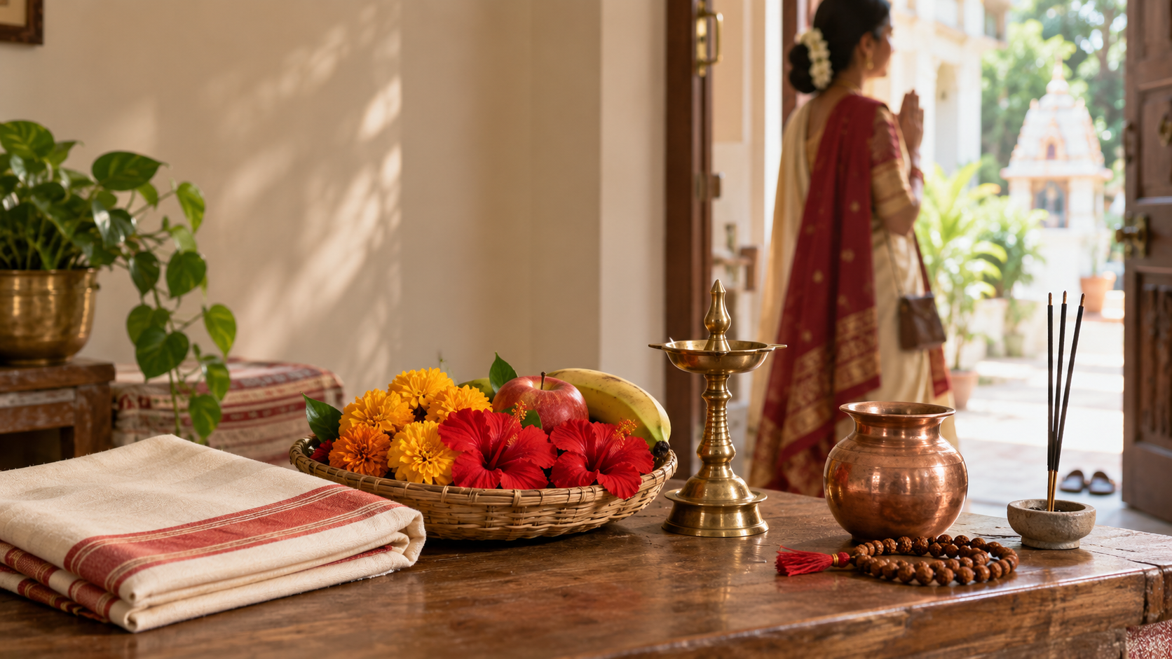 Flowers, fruit, a brass lamp, a copper vessel, folded cloth, and prayer beads are arranged neatly before a temple visit.