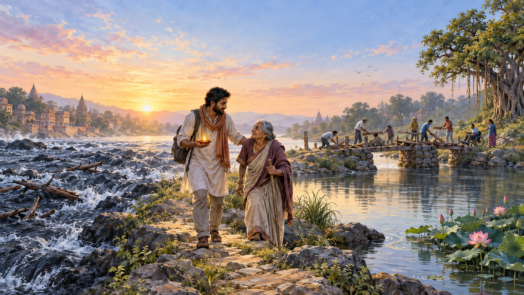 A person beside an Indian river helps an elderly traveler while carrying a clay lamp, as community members repair a footbridge between turbulent water and a calm inlet at dawn.