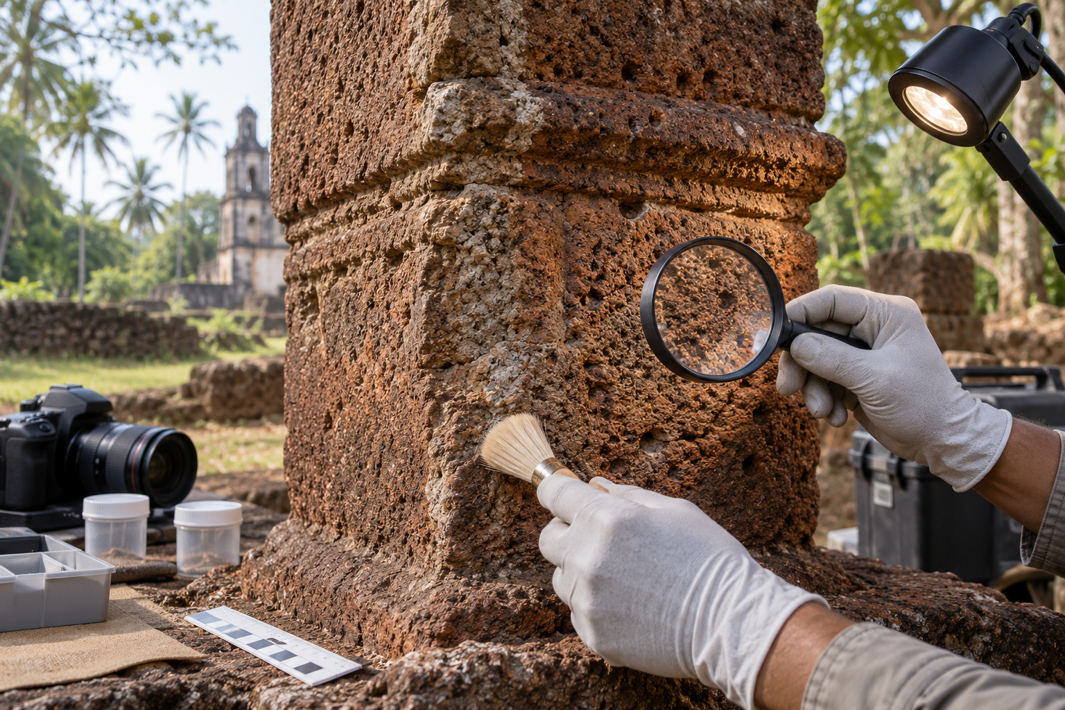 A conservator examines weathering and tool marks on a laterite pillar using a magnifying lens and measuring scale.