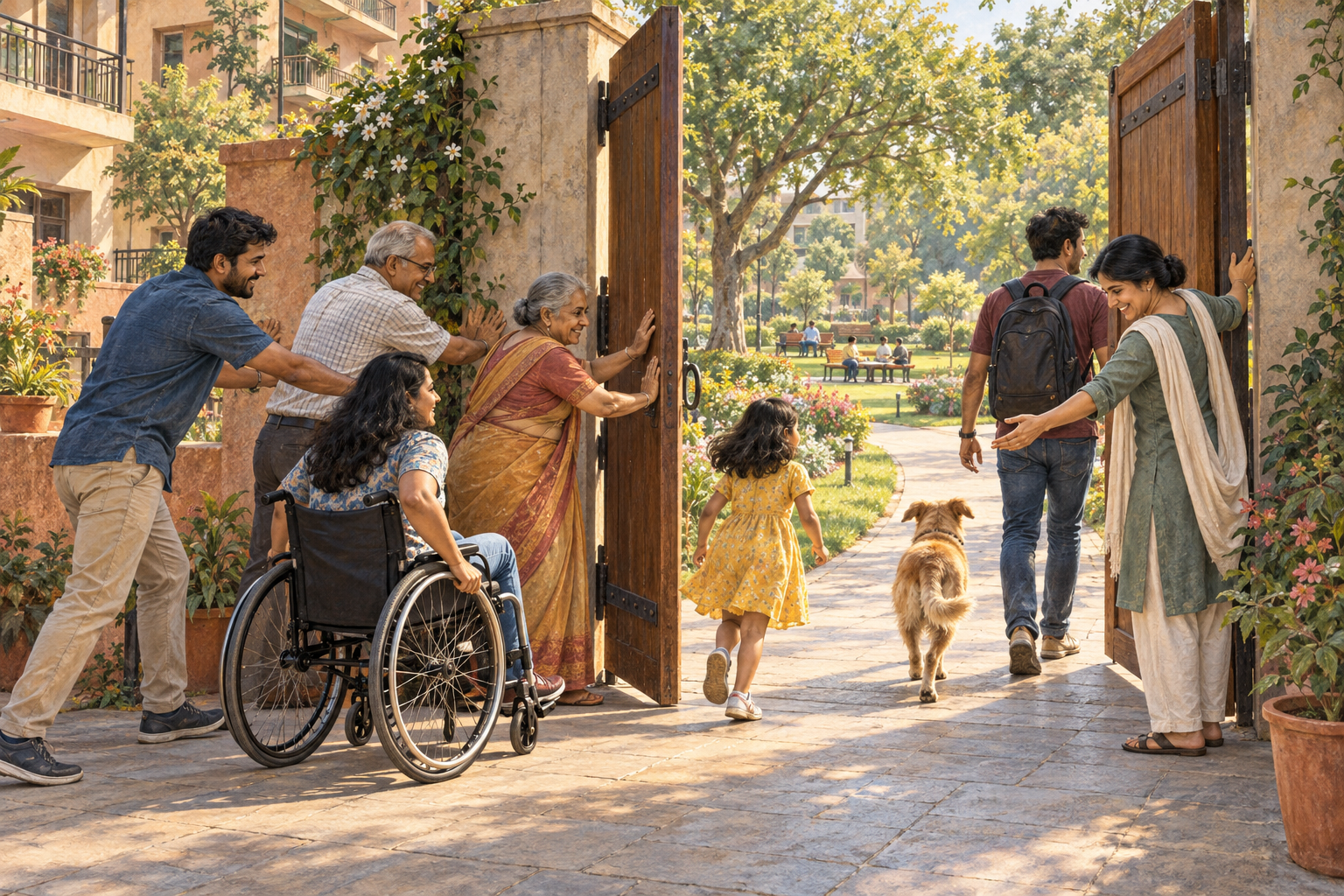 Neighbors of different ages open a courtyard gate together so that everyone, including a wheelchair user, can enter a sunlit garden.