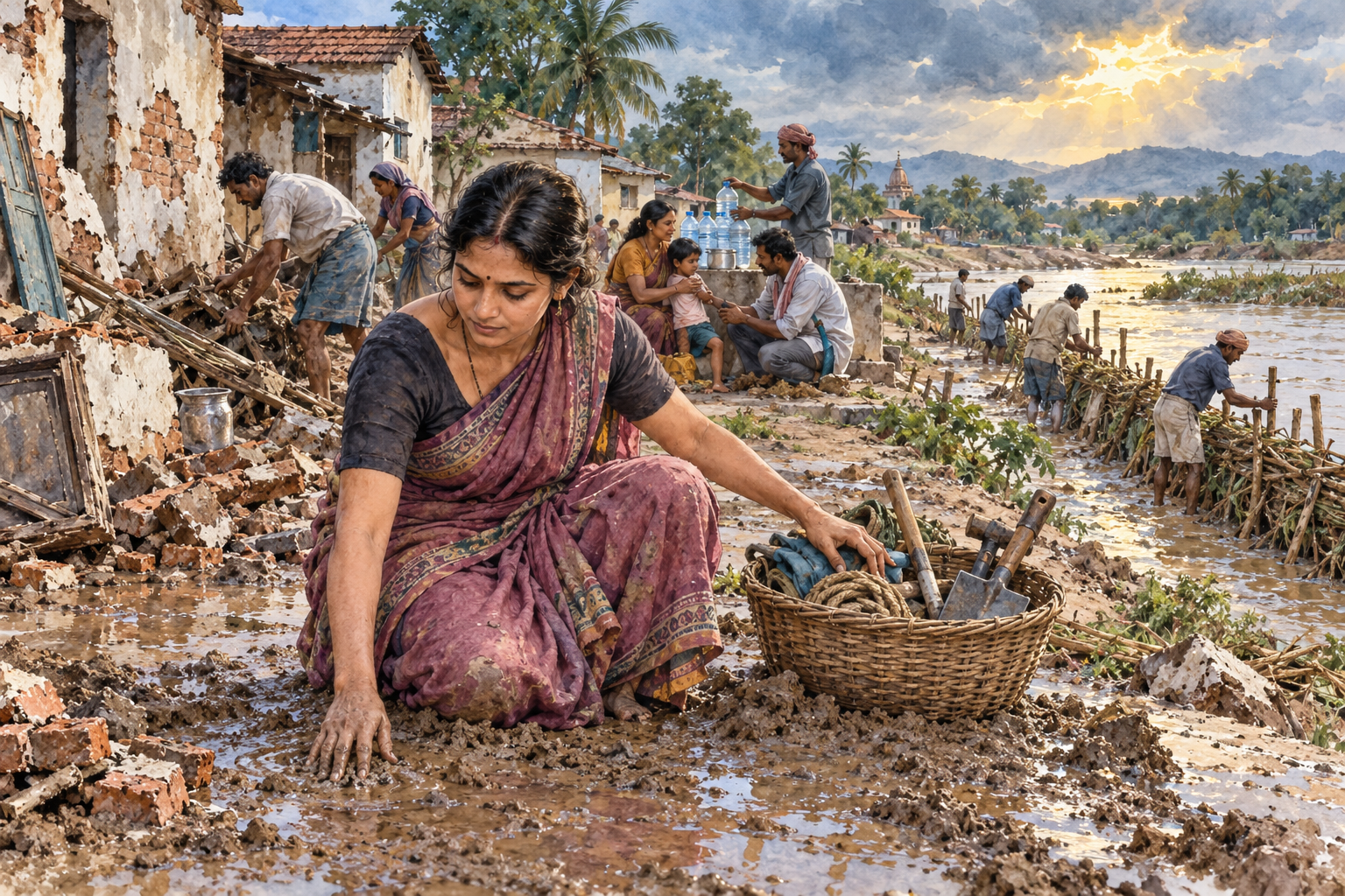 Residents of a flood-affected Indian village assess wet ground, clear debris, reinforce the riverbank, share water, and comfort one another as the sky begins to clear.