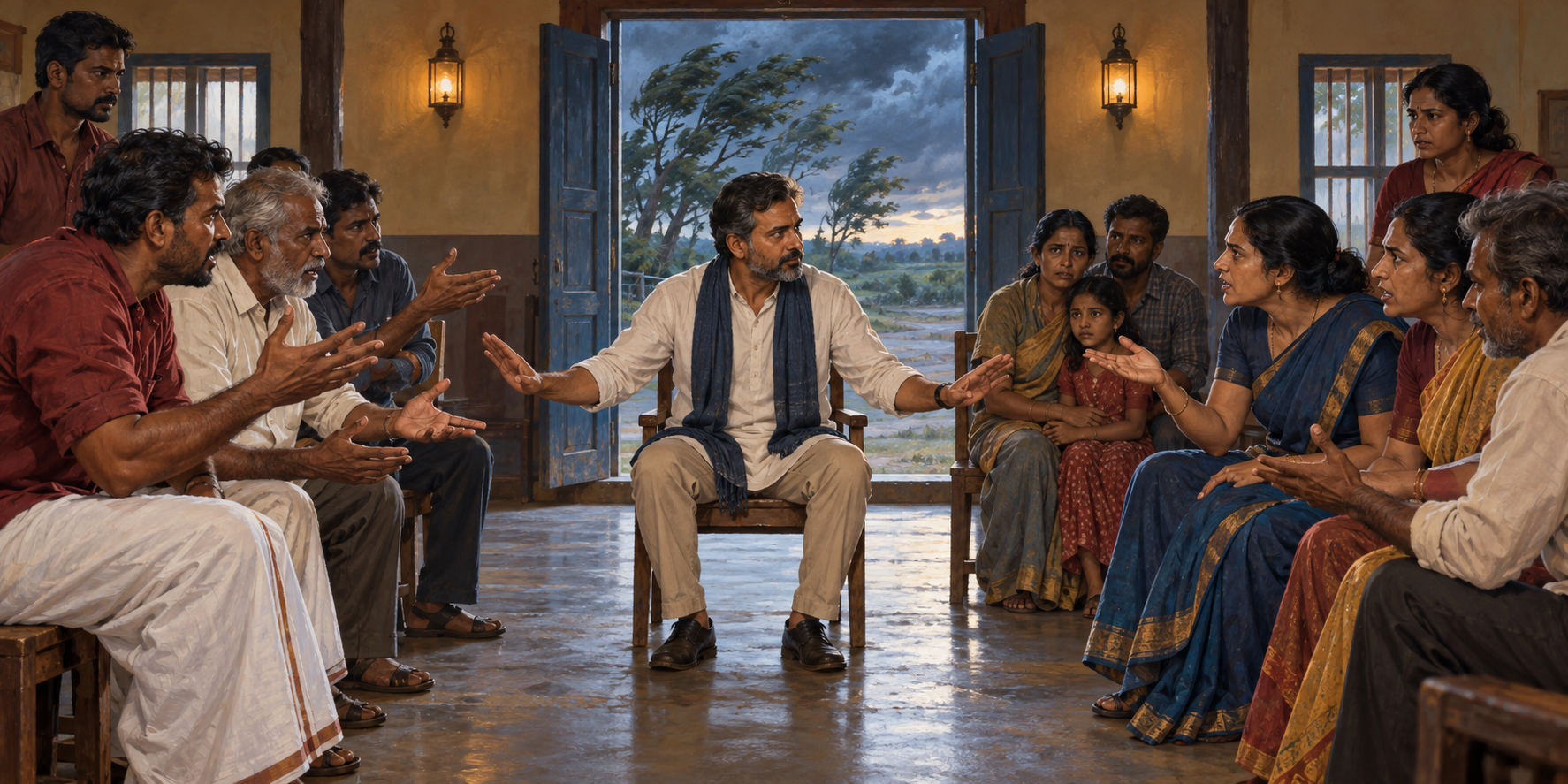 A calm facilitator sits between two disagreeing groups in a community hall while a stormy sky appears through the open doorway.