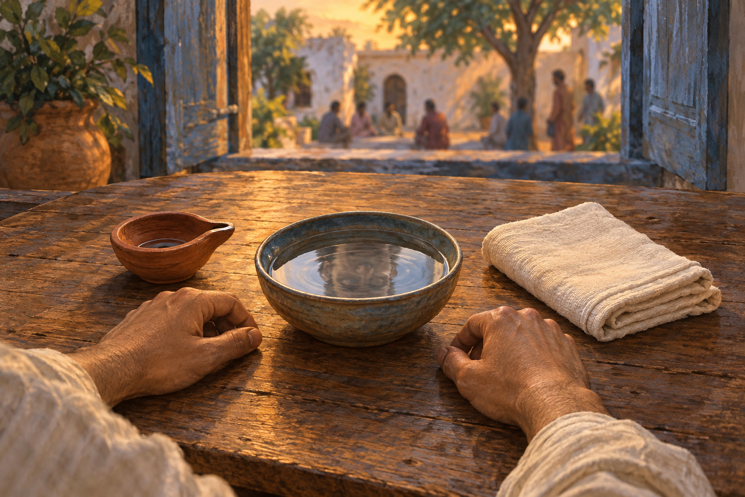A person's hands pause above a wooden table holding a clay lamp, a bowl of water with fading ripples, and folded cotton, while people wait in a courtyard beyond.