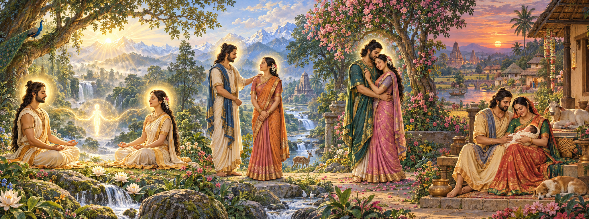 Four pairs of figures progress from meditation and subtle light to touch, embrace, and parents holding a newborn in a changing Indian landscape.